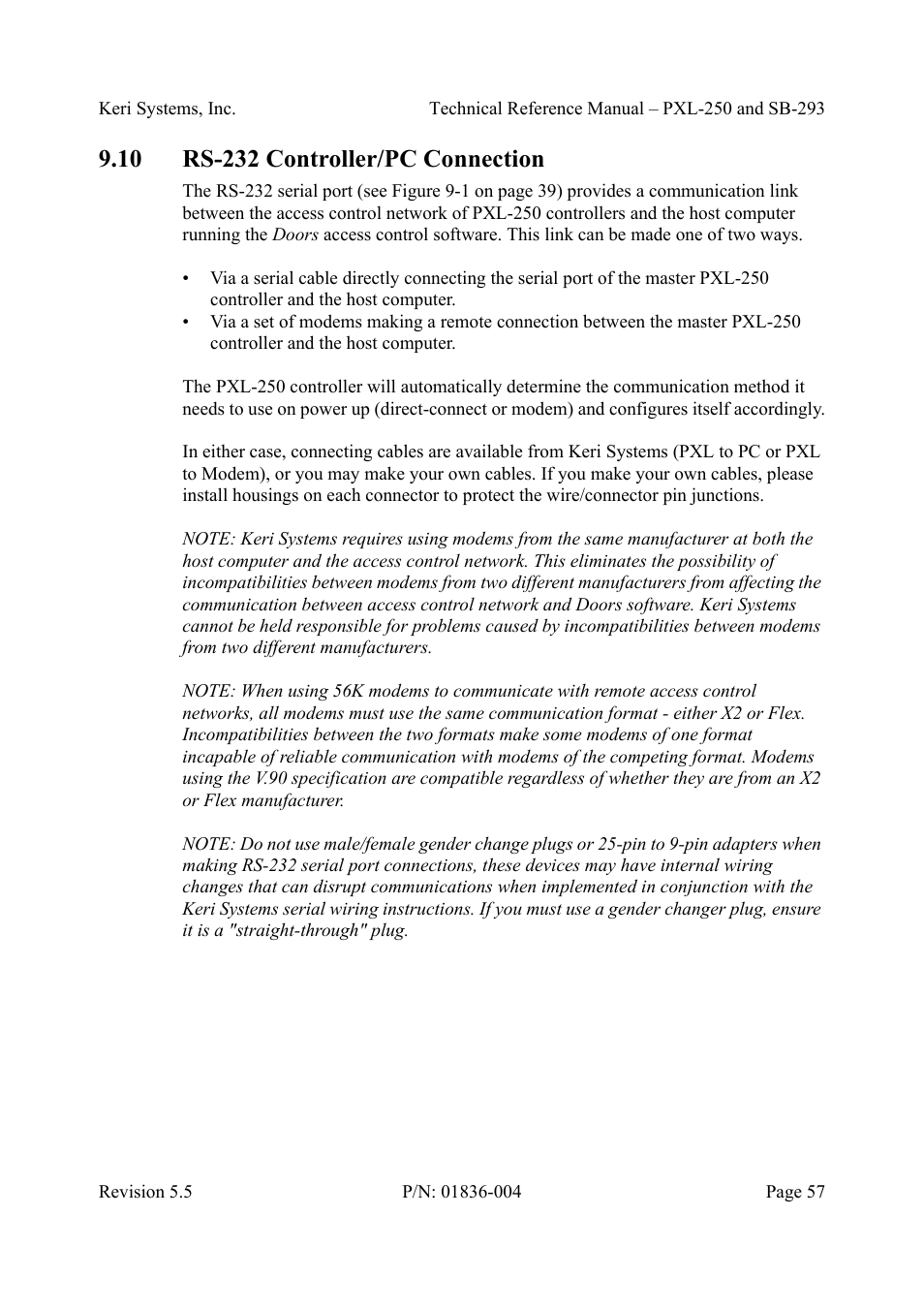 10 rs-232 controller/pc connection, Rs-232 controller/pc connection | Keri Systems SB-293 User Manual | Page 57 / 108