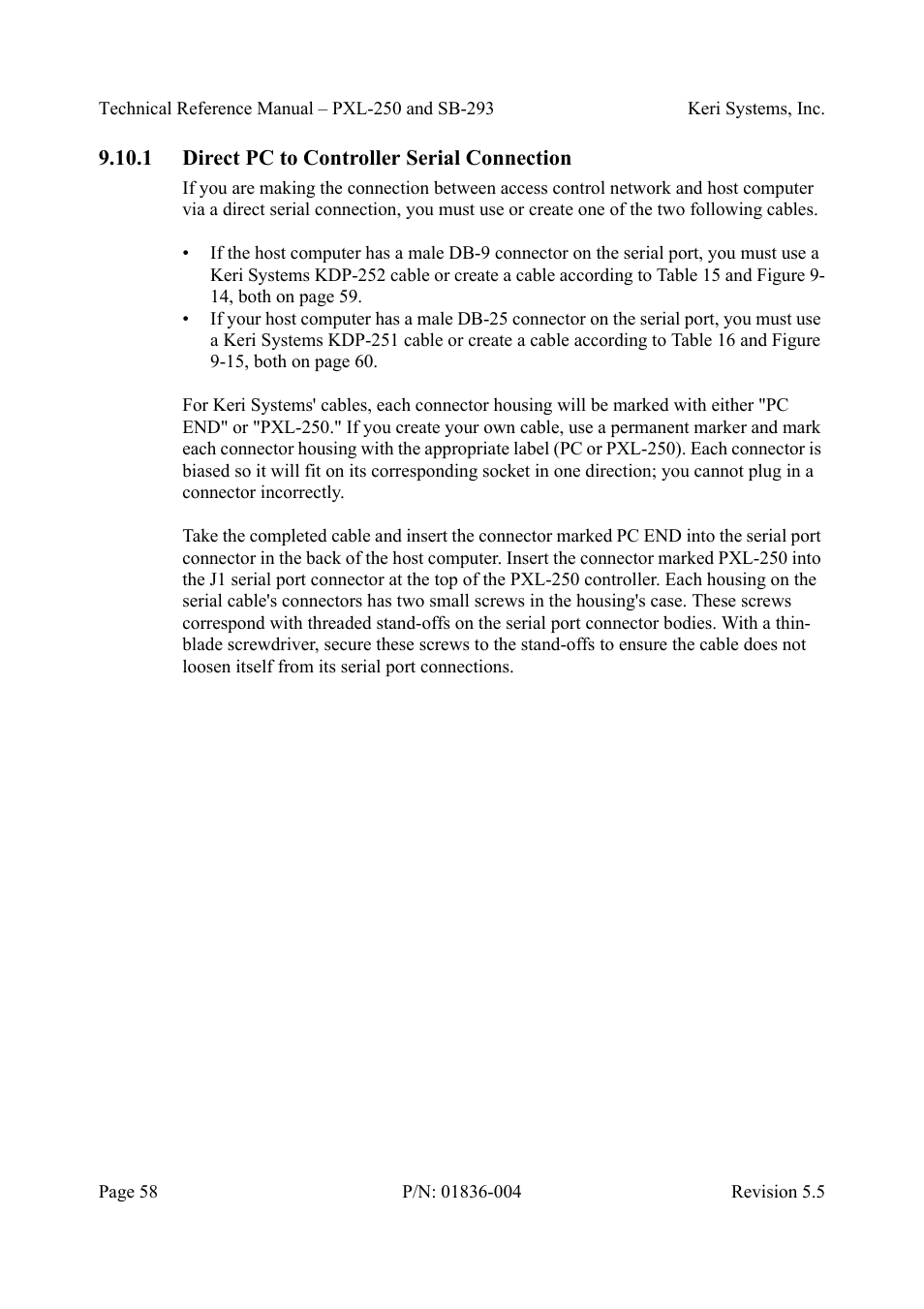 1 direct pc to controller serial connection, Direct pc to controller serial connection | Keri Systems SB-293 User Manual | Page 58 / 108