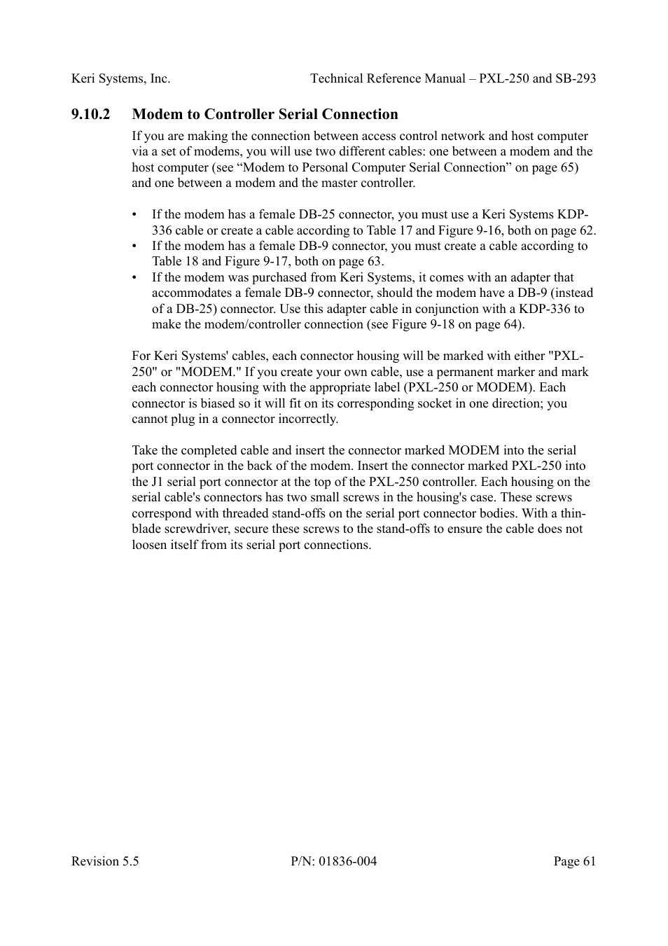 2 modem to controller serial connection, Modem to controller serial connection | Keri Systems SB-293 User Manual | Page 61 / 108