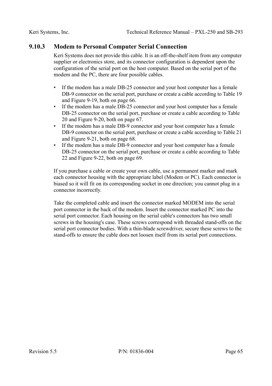 3 modem to personal computer serial connection, Modem to personal computer serial connection | Keri Systems SB-293 User Manual | Page 65 / 108