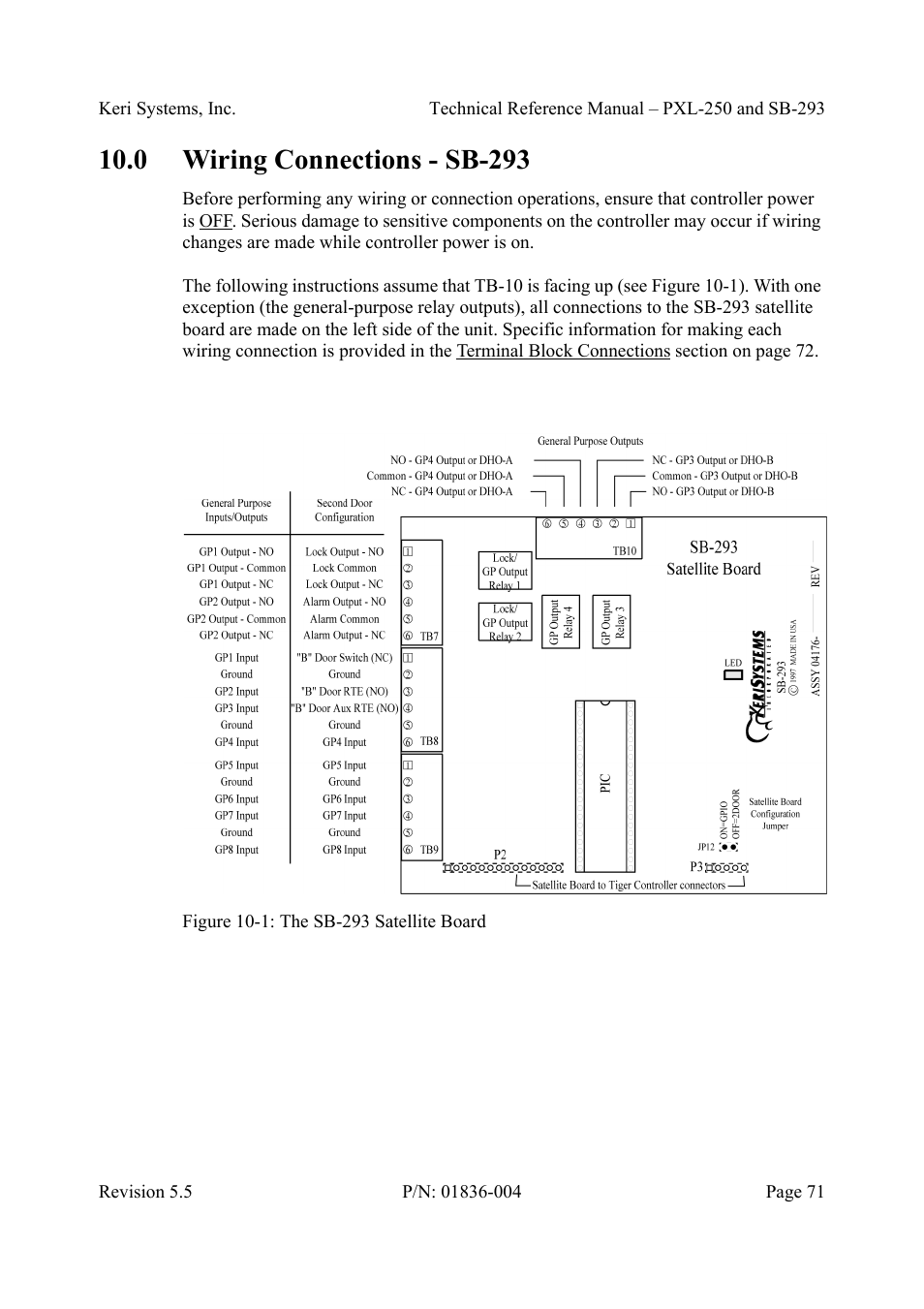 0 wiring connections - sb-293, Wiring connections - sb-293, Figure 10-1: the sb-293 satellite board | Keri Systems SB-293 User Manual | Page 71 / 108