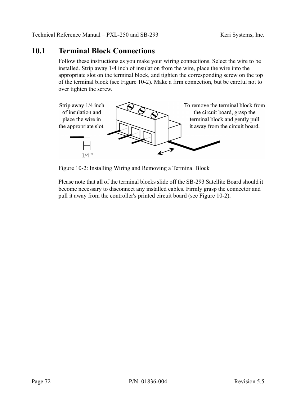 1 terminal block connections, Terminal block connections | Keri Systems SB-293 User Manual | Page 72 / 108