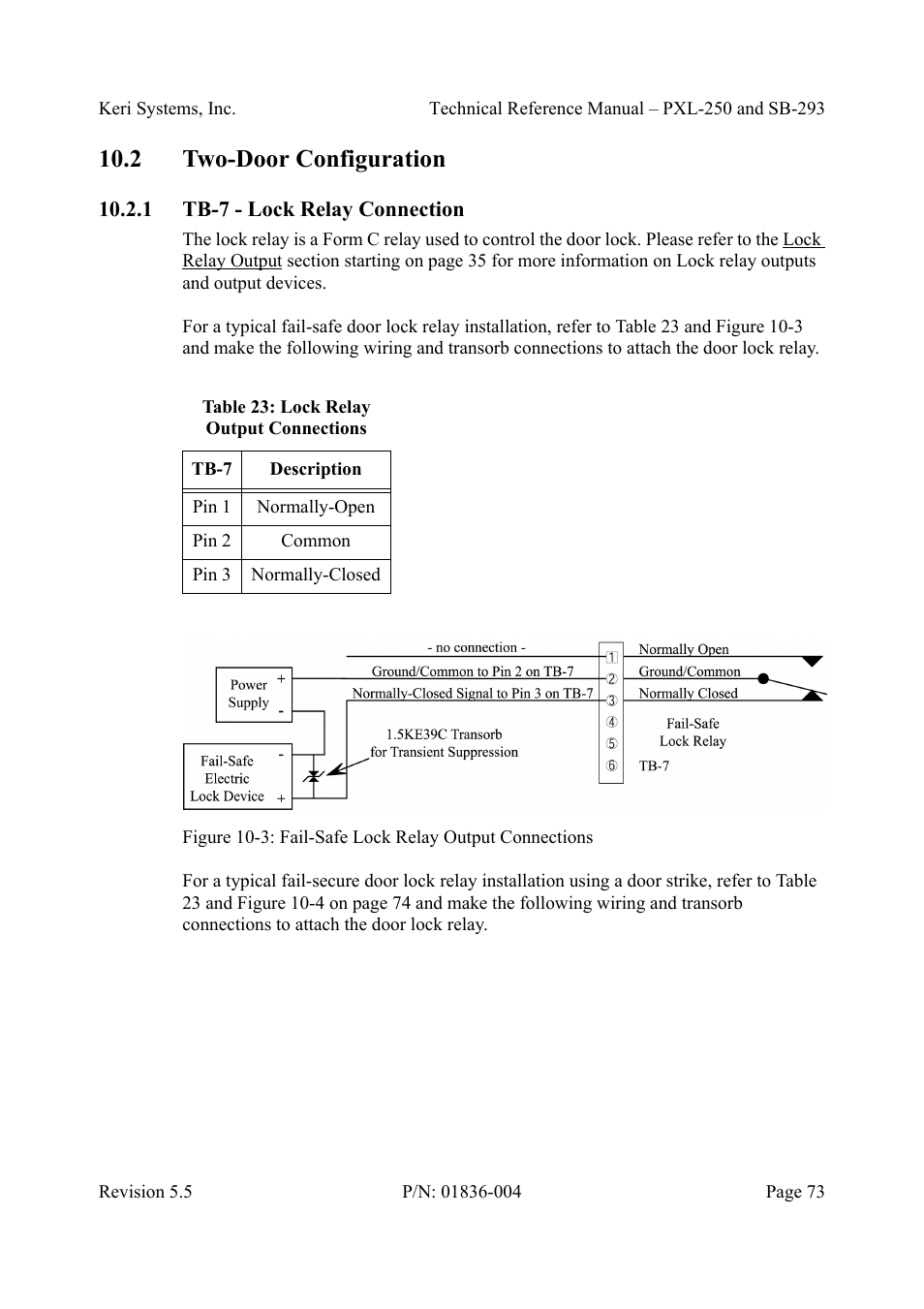 2 two-door configuration, 1 tb-7 - lock relay connection, Two-door configuration | Tb-7 - lock relay connection, Table23: lock relay output connections | Keri Systems SB-293 User Manual | Page 73 / 108