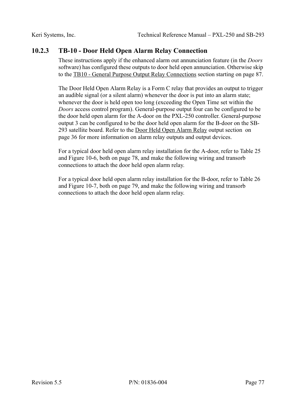 3 tb-10 - door held open alarm relay connection, Tb-10 - door held open alarm relay connection | Keri Systems SB-293 User Manual | Page 77 / 108