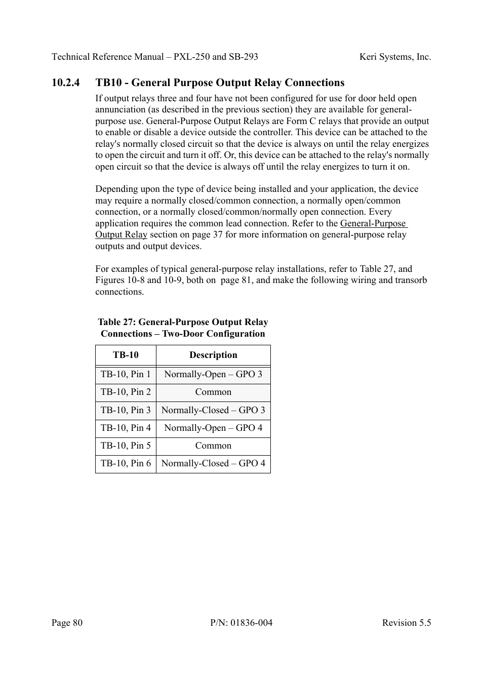 4 tb10 - general purpose output relay connections, Tb10 - general purpose output relay connections | Keri Systems SB-293 User Manual | Page 80 / 108
