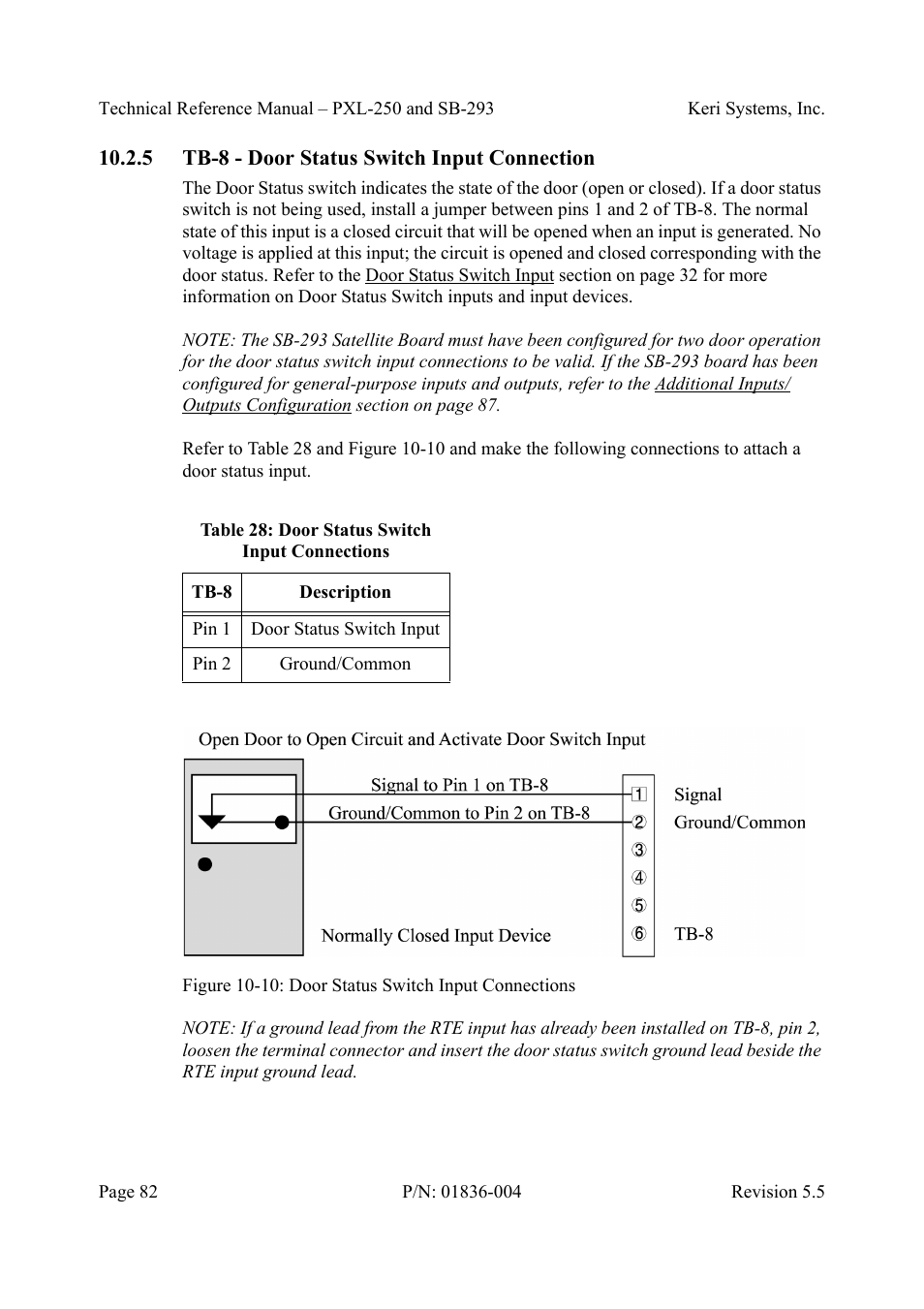 5 tb-8 - door status switch input connection, Tb-8 - door status switch input connection, Figure 10-10: door status switch input connections | Table28: door status switch input connections | Keri Systems SB-293 User Manual | Page 82 / 108