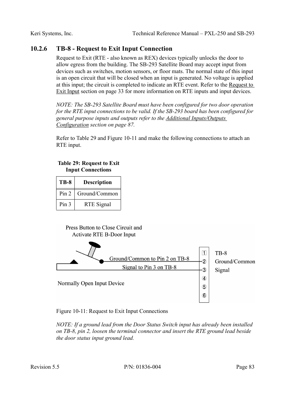 6 tb-8 - request to exit input connection, Tb-8 - request to exit input connection, Figure 10-11: request to exit input connections | Table29: request to exit input connections | Keri Systems SB-293 User Manual | Page 83 / 108