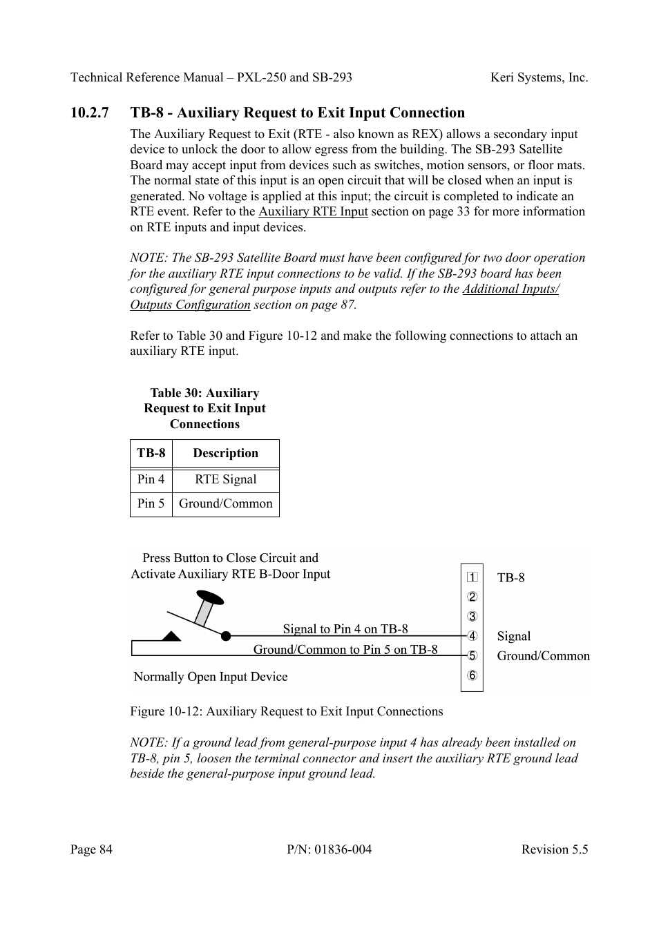 Tb-8 - auxiliary request to exit input connection | Keri Systems SB-293 User Manual | Page 84 / 108