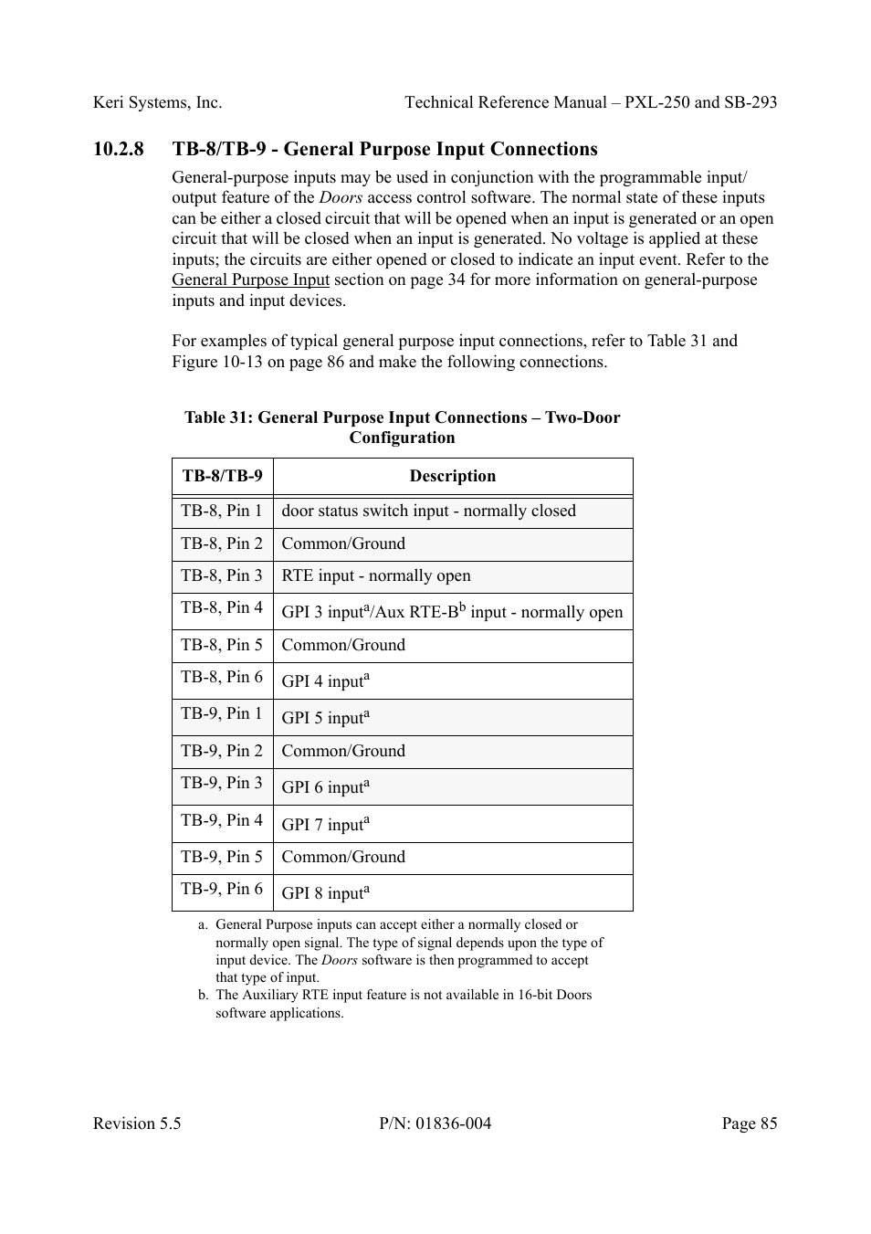 8 tb-8/tb-9 - general purpose input connections, Tb-8/tb-9 - general purpose input connections | Keri Systems SB-293 User Manual | Page 85 / 108