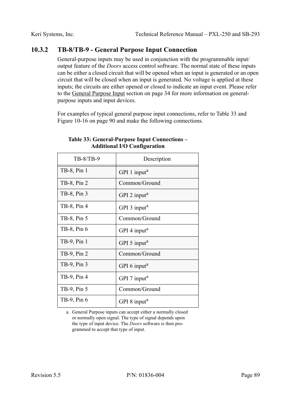 2 tb-8/tb-9 - general purpose input connection, Tb-8/tb-9 - general purpose input connection | Keri Systems SB-293 User Manual | Page 89 / 108