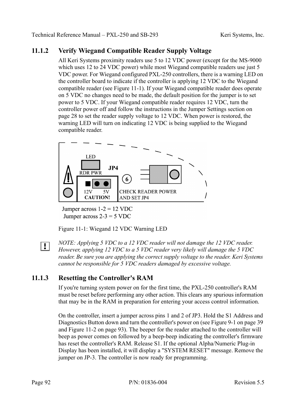 2 verify wiegand compatible reader supply voltage, 3 resetting the controller's ram, Figure 11-1: wiegand 12 vdc warning led | Keri Systems SB-293 User Manual | Page 92 / 108