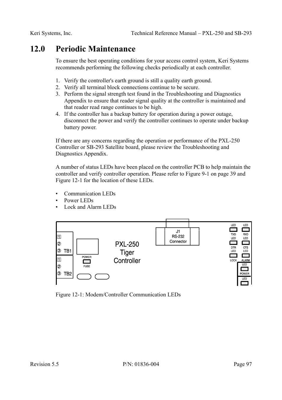 0 periodic maintenance, Periodic maintenance, Figure 12-1: modem/controller communication leds | Keri Systems SB-293 User Manual | Page 97 / 108