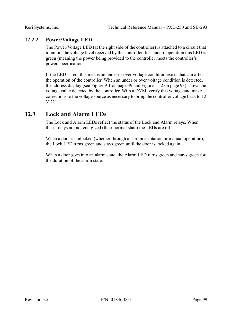 2 power/voltage led, 3 lock and alarm leds, Power/voltage led | Lock and alarm leds | Keri Systems SB-293 User Manual | Page 99 / 108