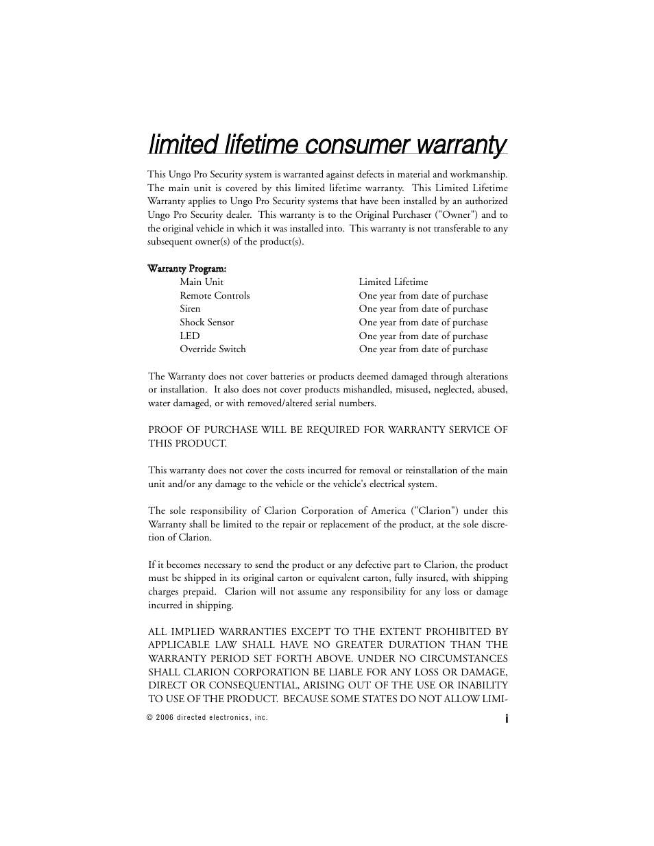 Clarion UNGO PRO SECURITY SYSTEM K20 User Manual | Page 2 / 19