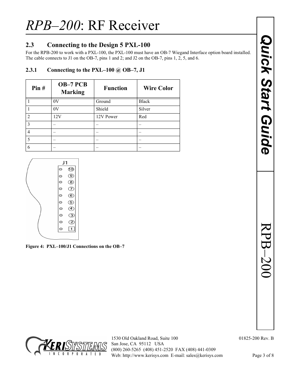 3 connecting to the design 5 pxl-100, 1 connecting to the pxl–100 @ ob–7, j1, Rpb–200 : rf receiver | Rpb–200 quick start guide | Keri Systems RPB-200 User Manual | Page 3 / 8