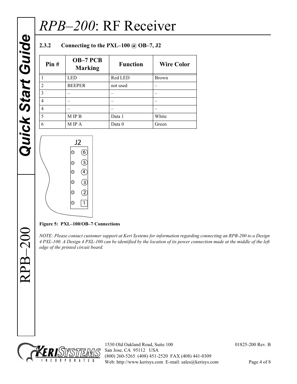 2 connecting to the pxl–100 @ ob–7, j2, Rpb–200 : rf receiver, Quick start guide rpb–200 | Keri Systems RPB-200 User Manual | Page 4 / 8