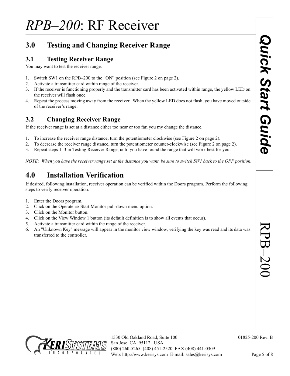 0 testing and changing receiver range, 1 testing receiver range, 2 changing receiver range | 0 installation verification, Rpb–200 : rf receiver, Rpb–200 quick start guide | Keri Systems RPB-200 User Manual | Page 5 / 8