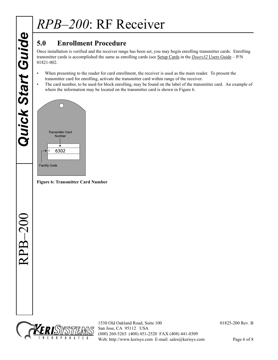 0 enrollment procedure, Rpb–200 : rf receiver, Quick start guide rpb–200 | Keri Systems RPB-200 User Manual | Page 6 / 8