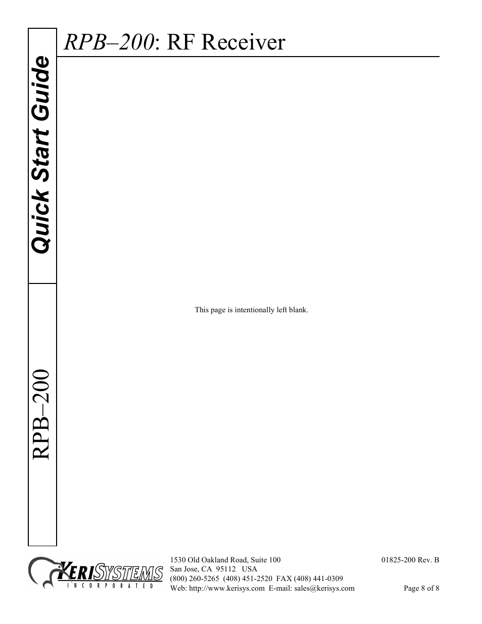 Rpb–200 : rf receiver, Quick start guide rpb–200 | Keri Systems RPB-200 User Manual | Page 8 / 8