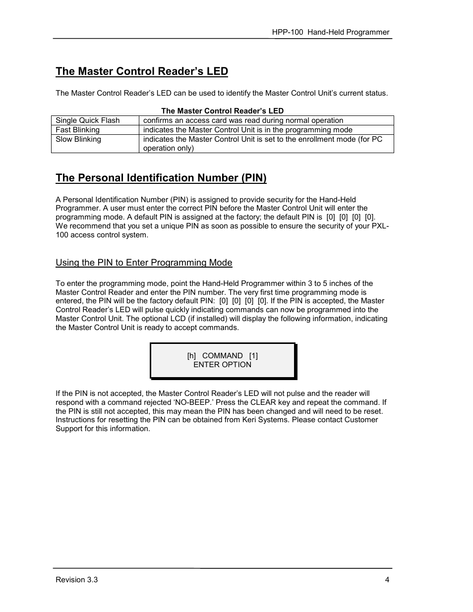 The master control reader’s led, The personal identification number (pin), Using the pin to enter programming mode | Keri Systems HPP-100 User Manual | Page 10 / 48