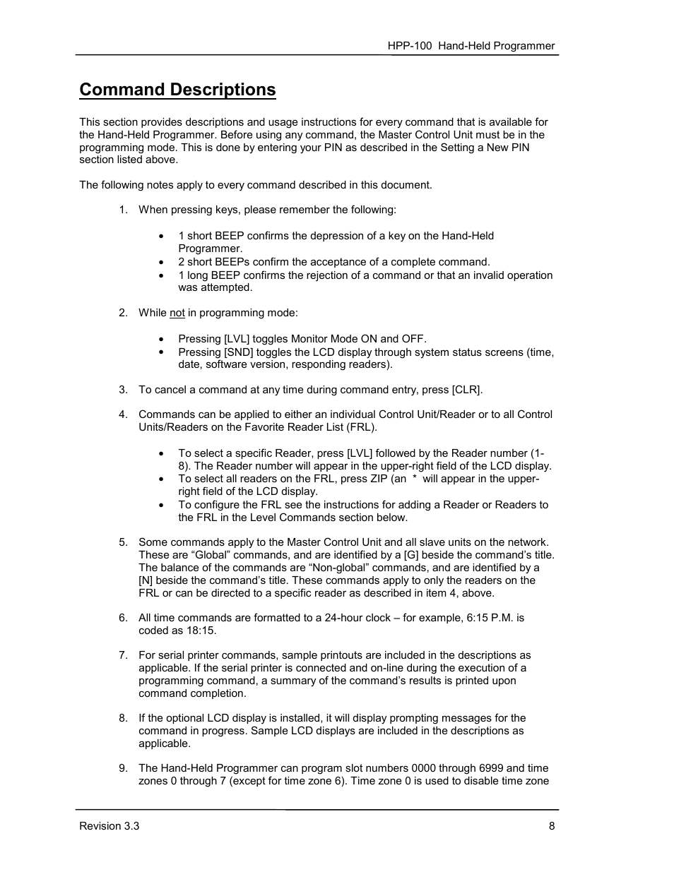 Command descriptions | Keri Systems HPP-100 User Manual | Page 14 / 48