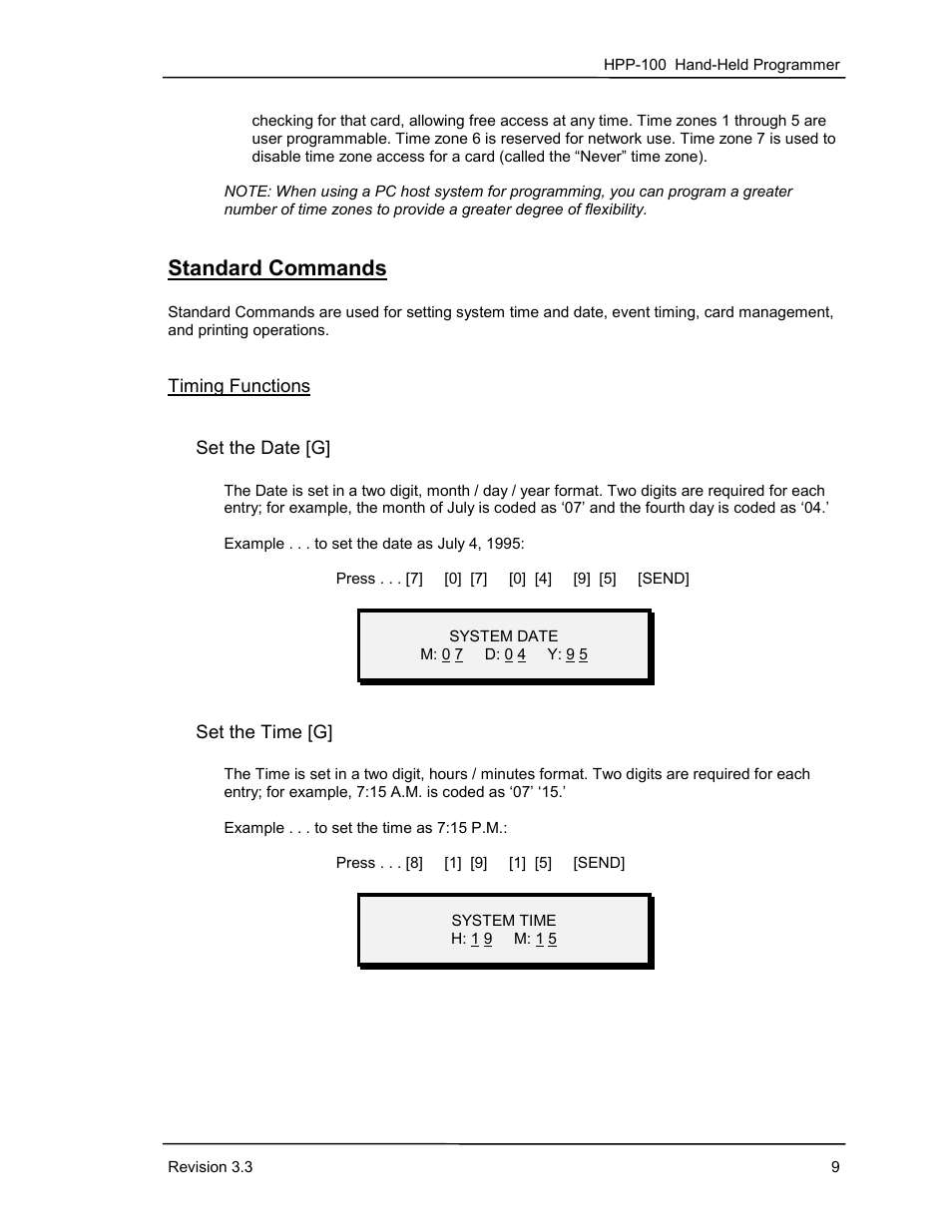 Standard commands, Timing functions, Set the date [g | Set the time [g | Keri Systems HPP-100 User Manual | Page 15 / 48