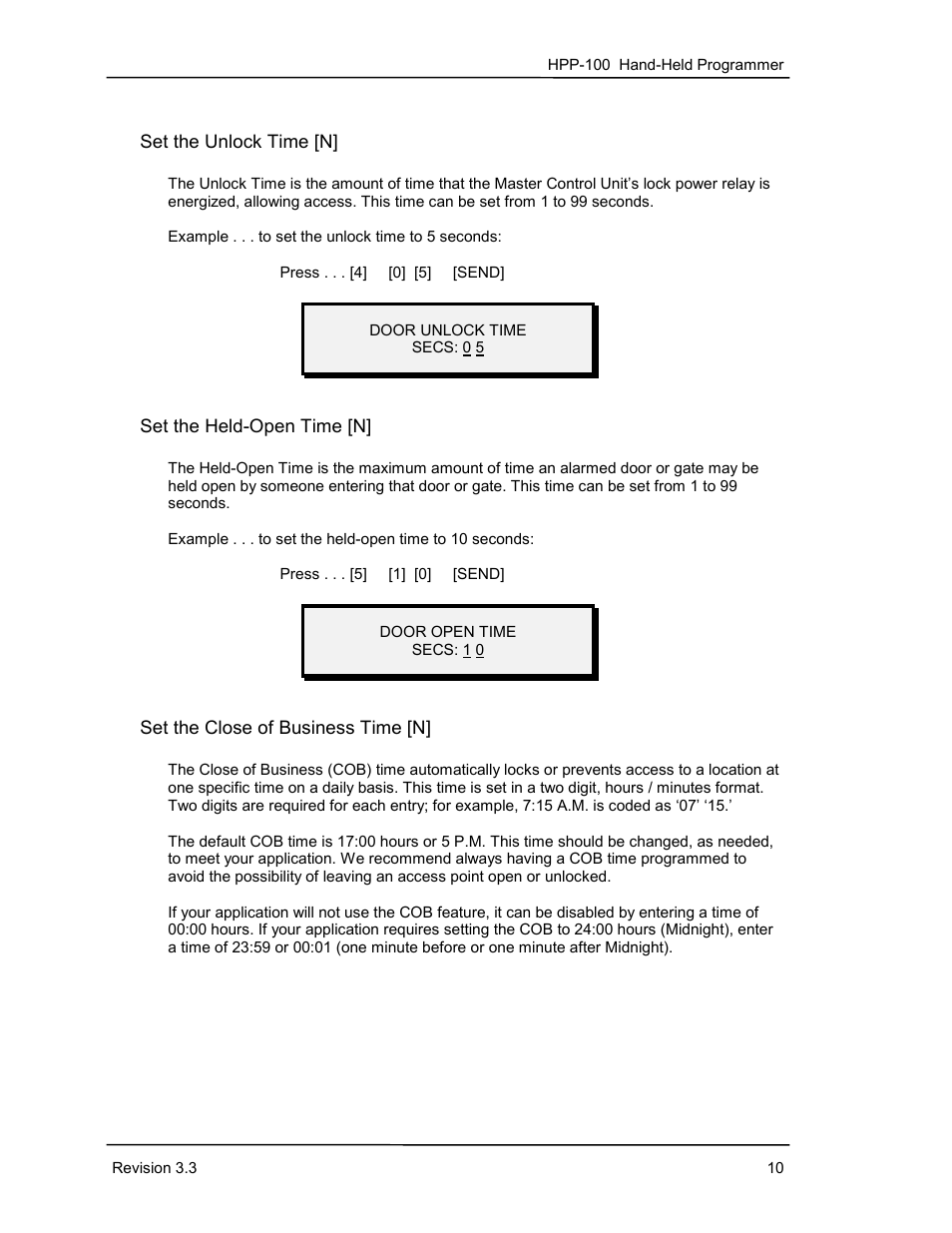 Set the unlock time [n, Set the held-open time [n, Set the close of business time [n | Keri Systems HPP-100 User Manual | Page 16 / 48