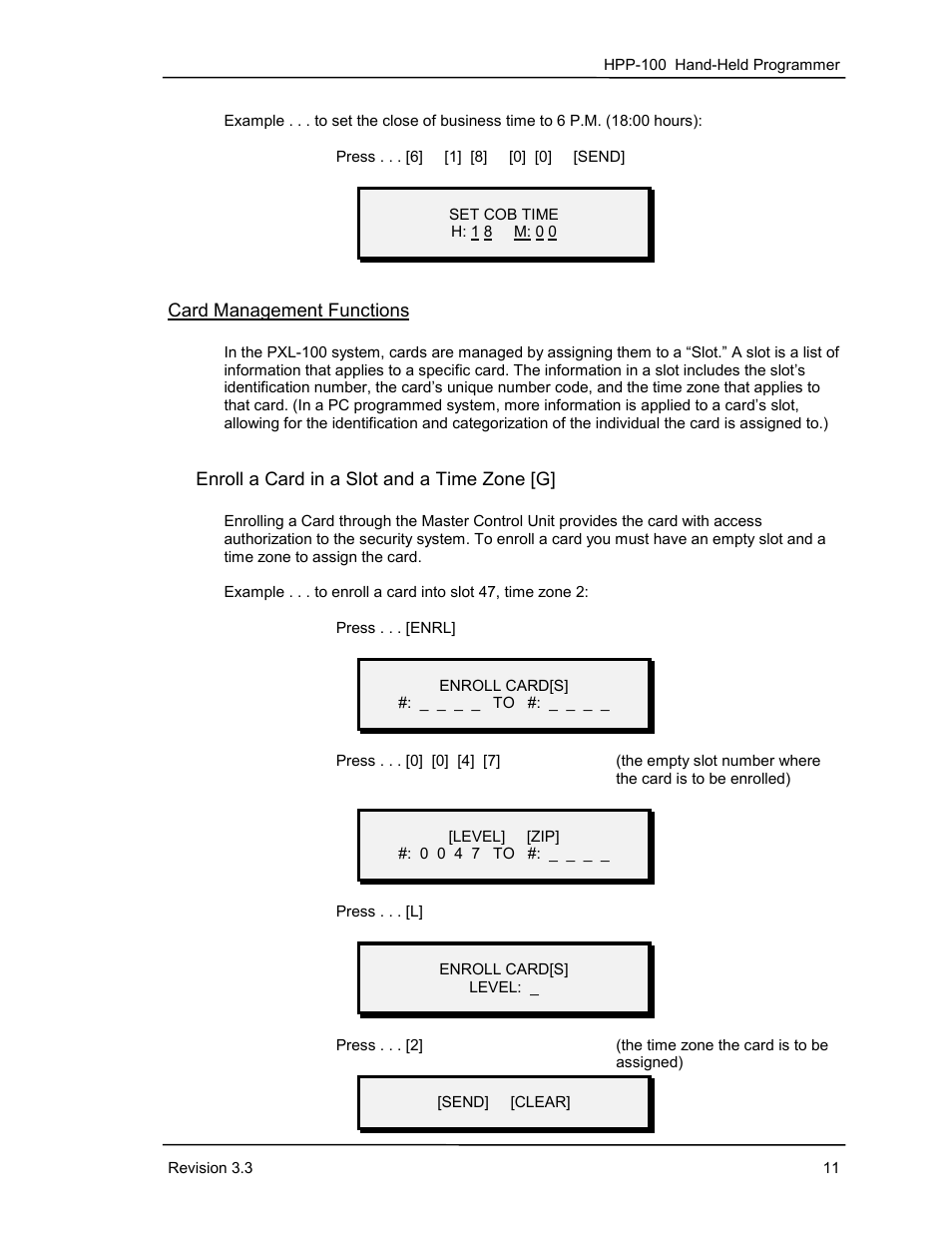 Card management functions, Enroll a card in a slot and a time zone [g | Keri Systems HPP-100 User Manual | Page 17 / 48