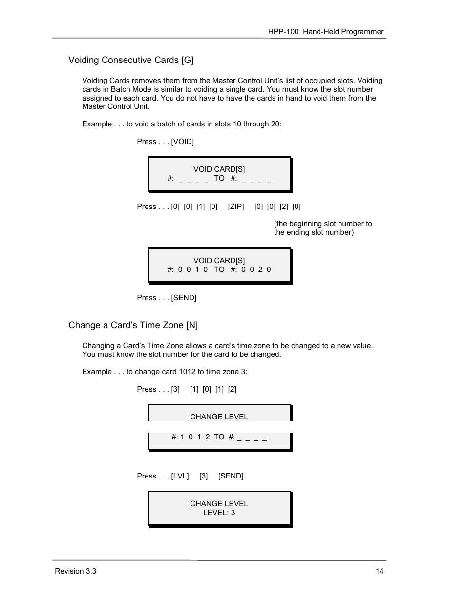 Voiding consecutive cards [g, Change a card’s time zone [n | Keri Systems HPP-100 User Manual | Page 20 / 48