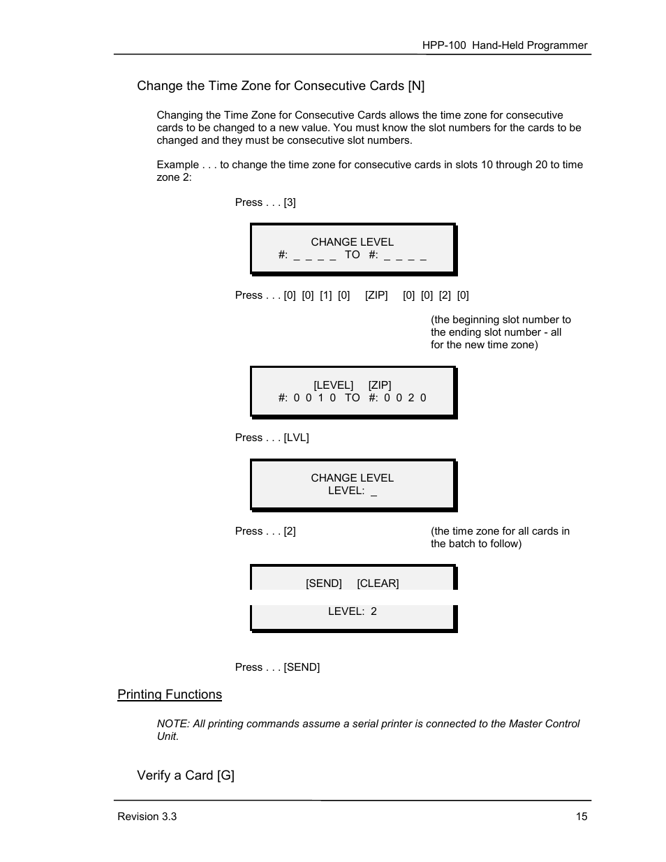 Change the time zone for consecutive cards [n, Printing functions, Verify a card [g | Keri Systems HPP-100 User Manual | Page 21 / 48