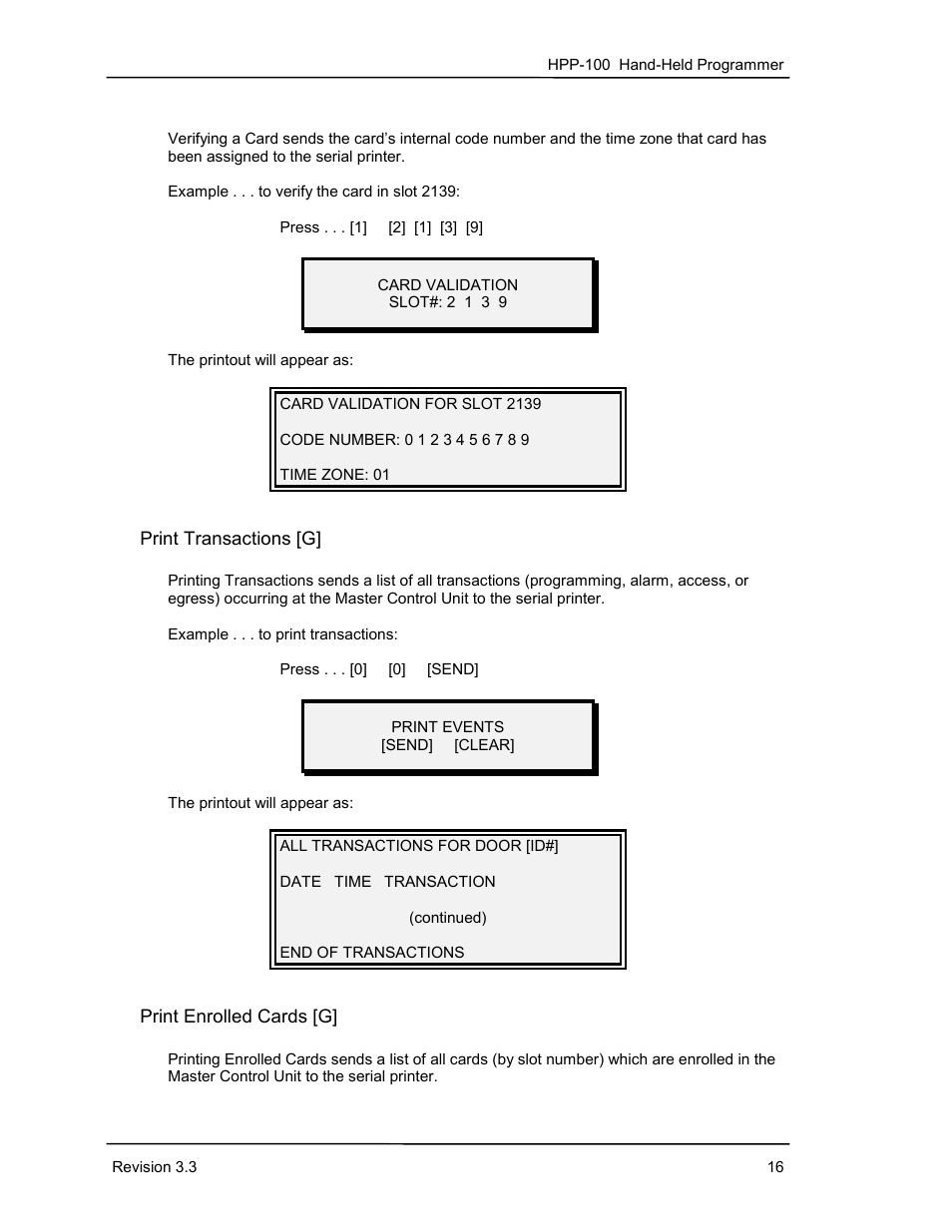 Verify a card [g, Print transactions [g, Print enrolled cards [g | Keri Systems HPP-100 User Manual | Page 22 / 48