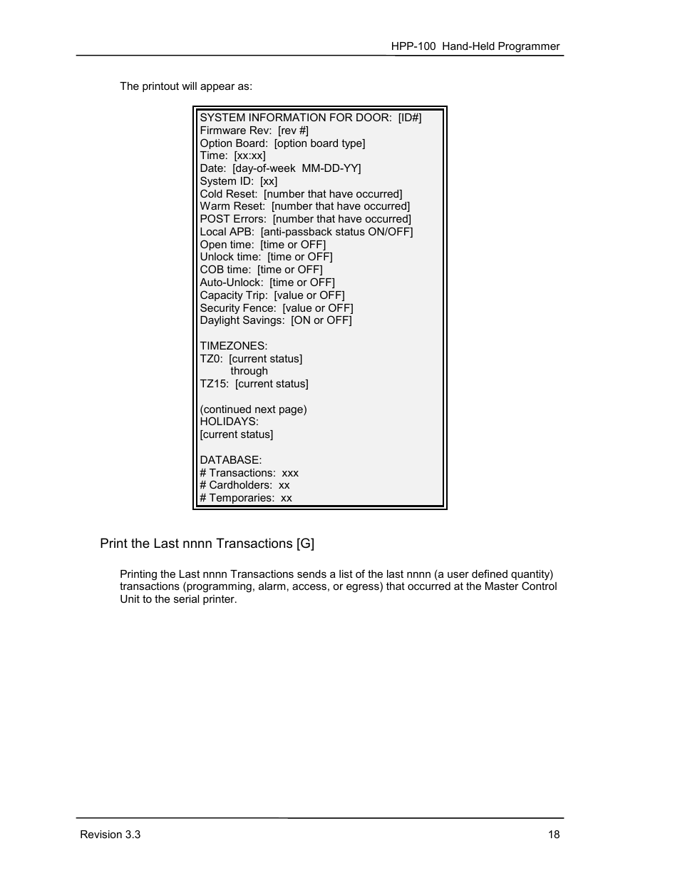Print the last nnnn transactions [g | Keri Systems HPP-100 User Manual | Page 24 / 48