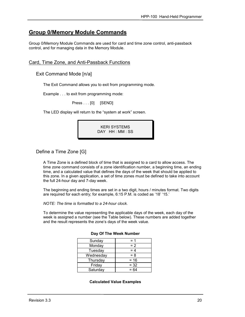 Group 0/memory module commands, Card, time zone, and anti-passback functions, Exit command mode [n/a | Define a time zone [g | Keri Systems HPP-100 User Manual | Page 26 / 48