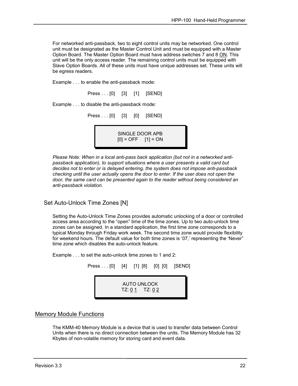 Set auto-unlock time zones [n, Memory module functions | Keri Systems HPP-100 User Manual | Page 28 / 48
