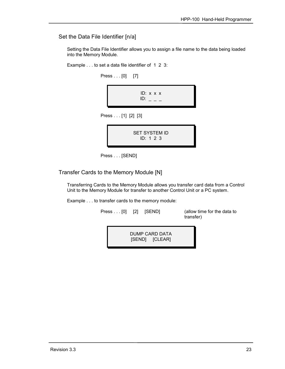 Set the data file identifier [n/a, Transfer cards to the memory module [n | Keri Systems HPP-100 User Manual | Page 29 / 48