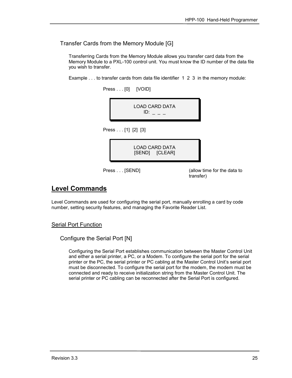 Transfer cards from the memory module [g, Level commands, Serial port function | Configure the serial port [n | Keri Systems HPP-100 User Manual | Page 31 / 48