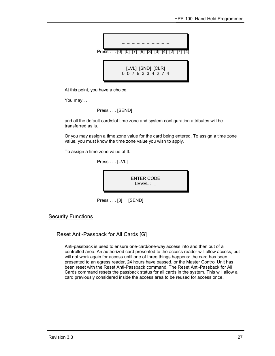 Security functions, Reset anti-passback for all cards [g | Keri Systems HPP-100 User Manual | Page 33 / 48