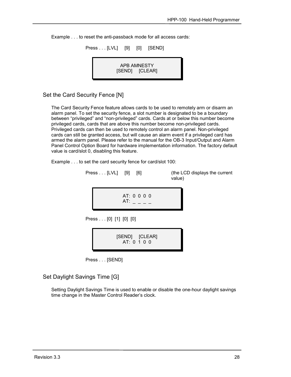 Set the card security fence [n, Set daylight savings time [g | Keri Systems HPP-100 User Manual | Page 34 / 48