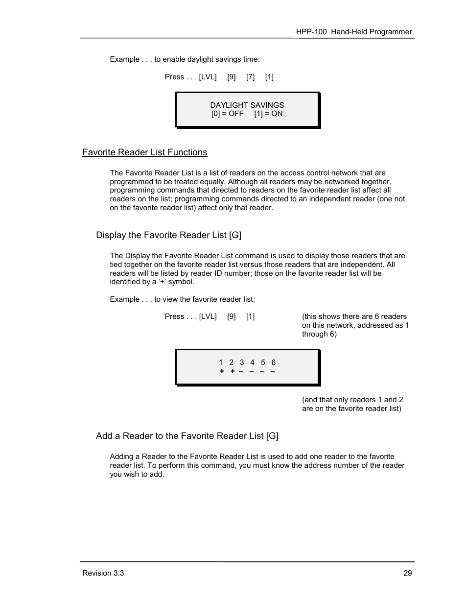 Favorite reader list functions, Display the favorite reader list [g, Add a reader to the favorite reader list [g | Keri Systems HPP-100 User Manual | Page 35 / 48
