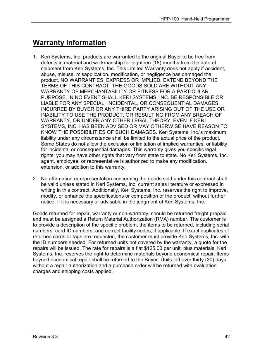 Warranty information | Keri Systems HPP-100 User Manual | Page 48 / 48