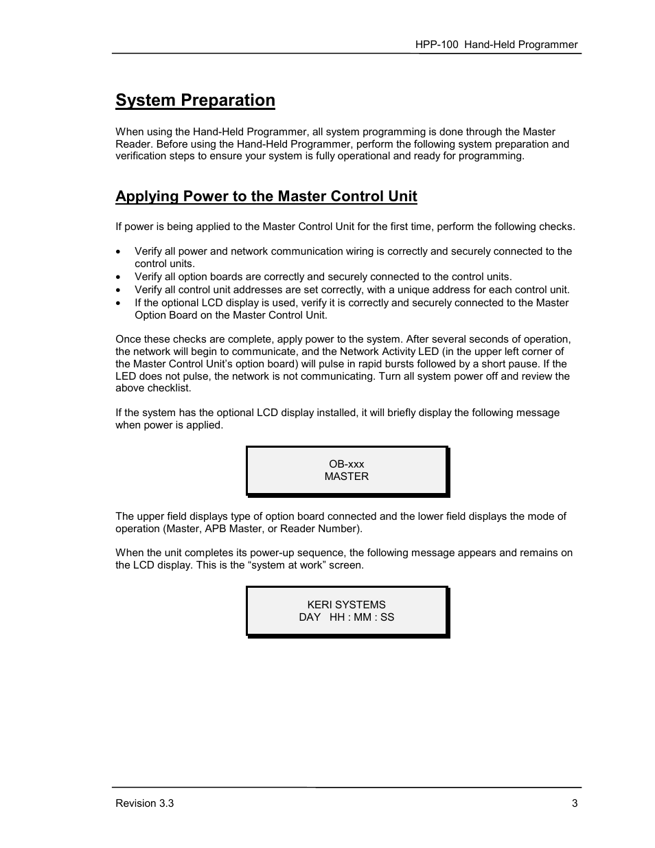 System preparation, Applying power to the master control unit | Keri Systems HPP-100 User Manual | Page 9 / 48