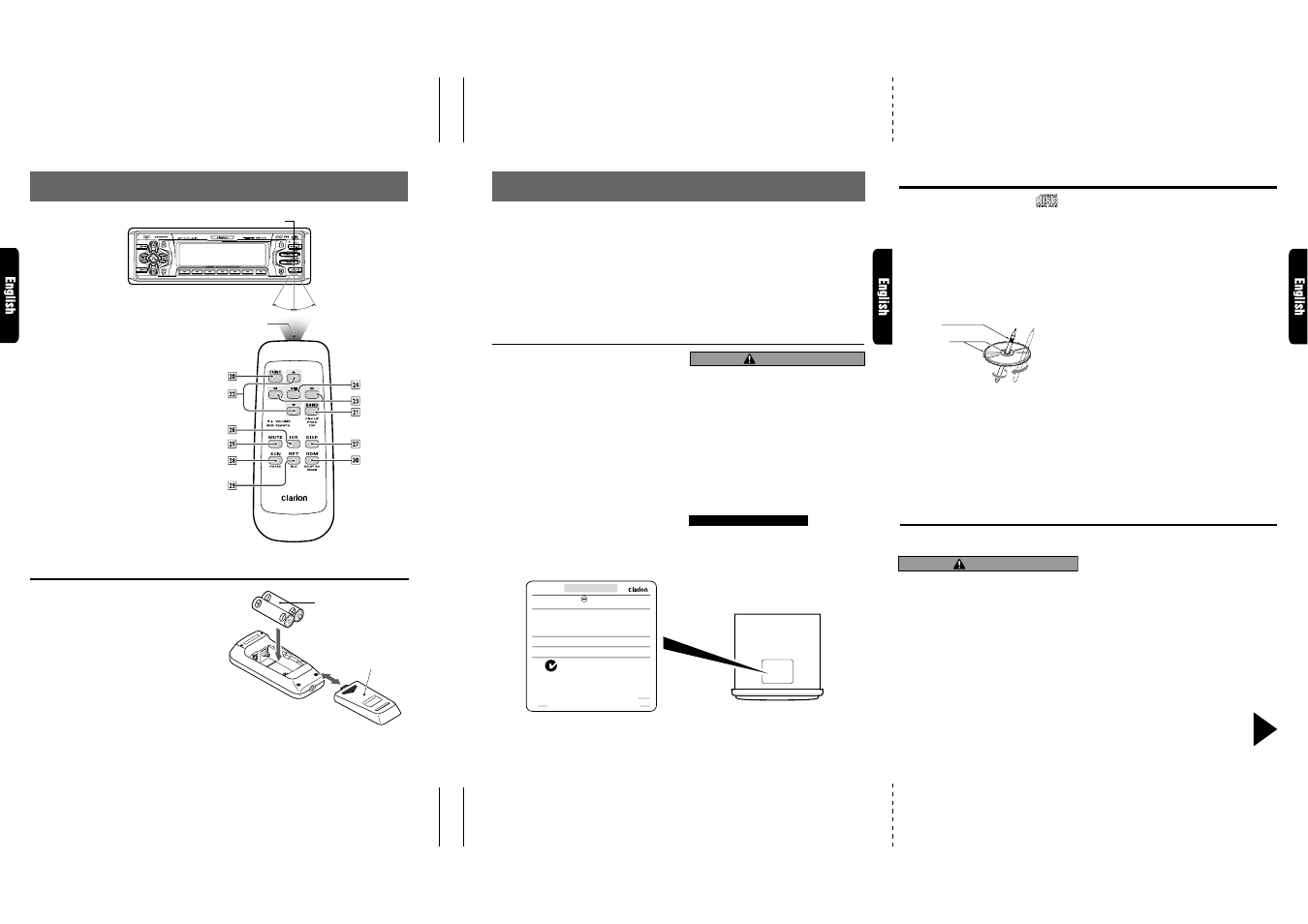 Precautions, Remote control, Handling compact discs | Inserting the batteries, Sloping console, Remote control unit, Caution | Clarion DRX9675z User Manual | Page 3 / 17