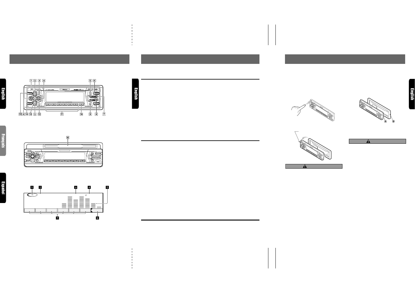 Nomenclature, Controls / les commandes / controles, A b c | Names of buttons, Display items, Lcd screen | Clarion DRX9675z User Manual | Page 4 / 17