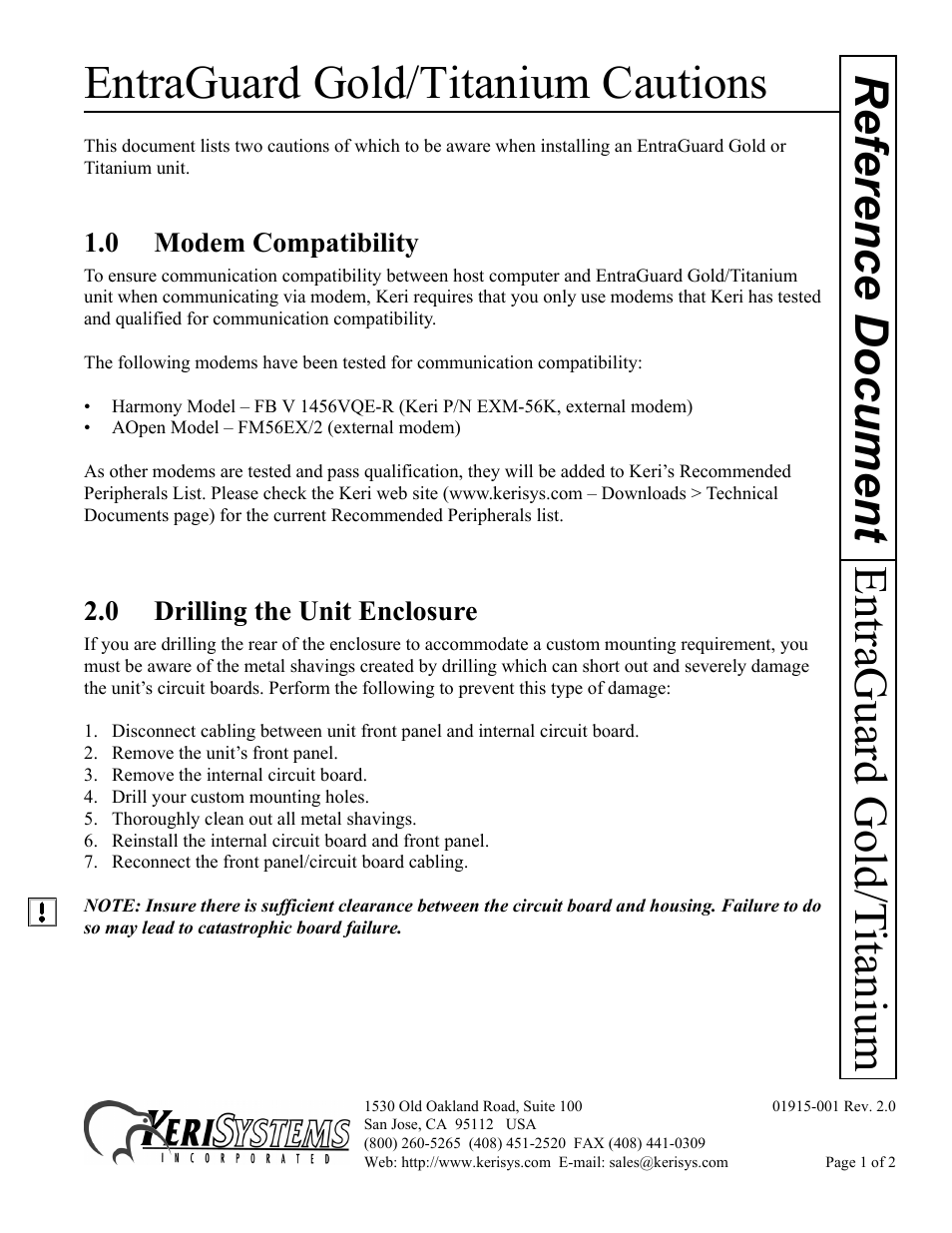 Keri Systems EntraGuard Gold Titanium Cautions User Manual | 2 pages