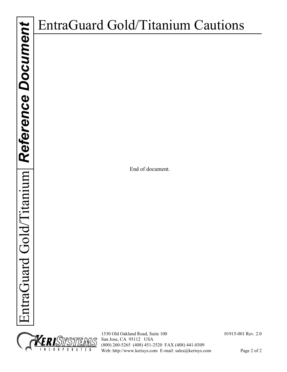 Entraguard gold/titanium cautions, Reference document entraguard gold/t itanium | Keri Systems EntraGuard Gold Titanium Cautions User Manual | Page 2 / 2