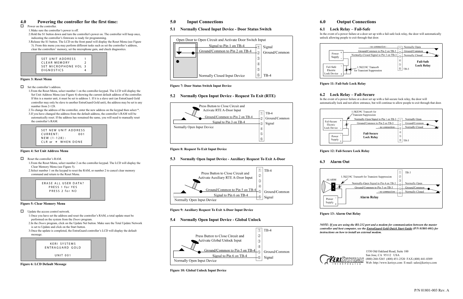 0 powering the controller for the first time, 0 input connections, 4 normally open input device - global unlock | 0 output connections, 1 lock relay – fail-safe, 2 lock relay – fail-secure, 3 alarm out | Keri Systems EntraGuard Gold Quick Reference User Manual | Page 2 / 2