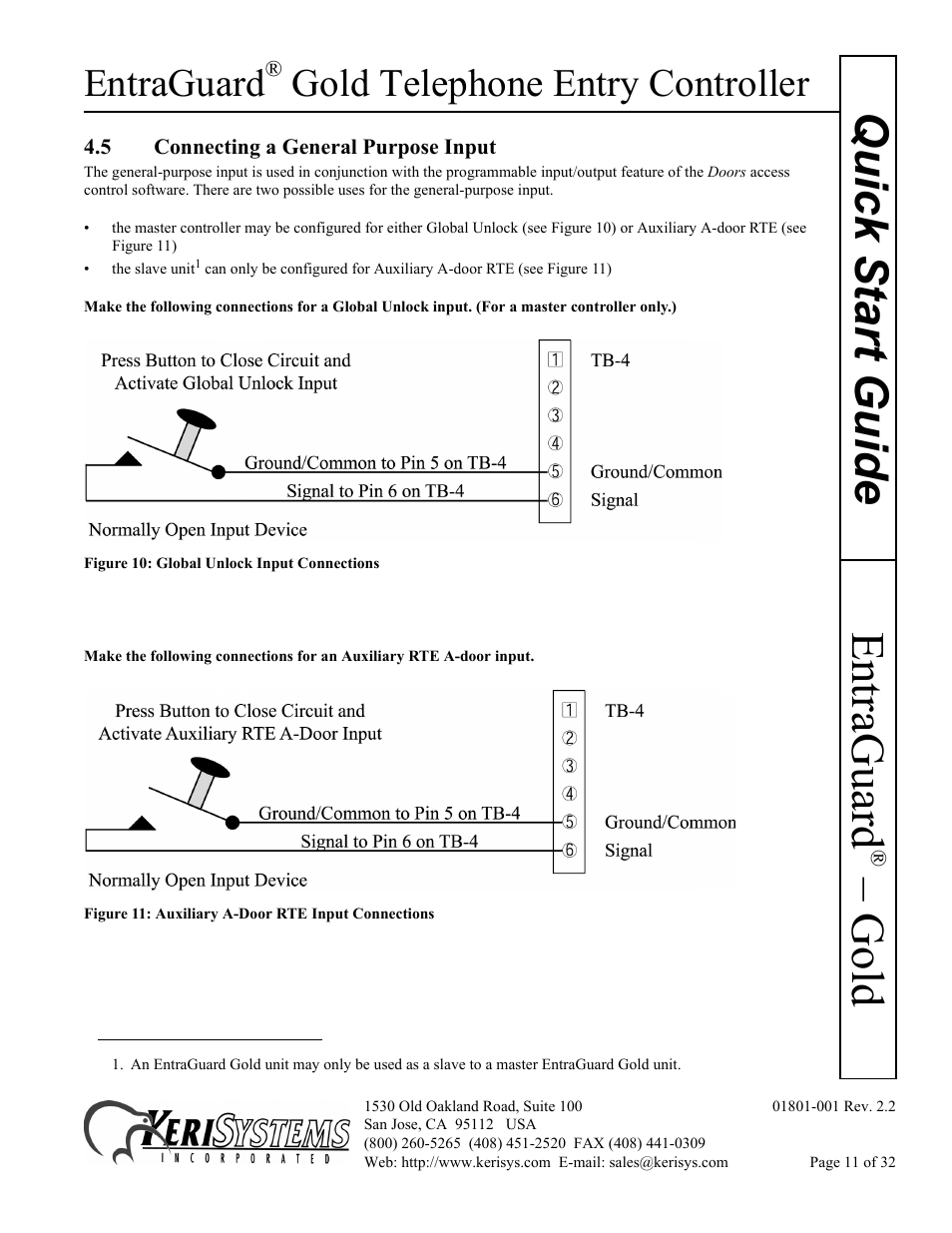 5 connecting a general purpose input, Gold quick s tart guide, Entraguard | Gold telephone entry controller | Keri Systems EntraGuard Gold Quick Start User Manual | Page 11 / 32