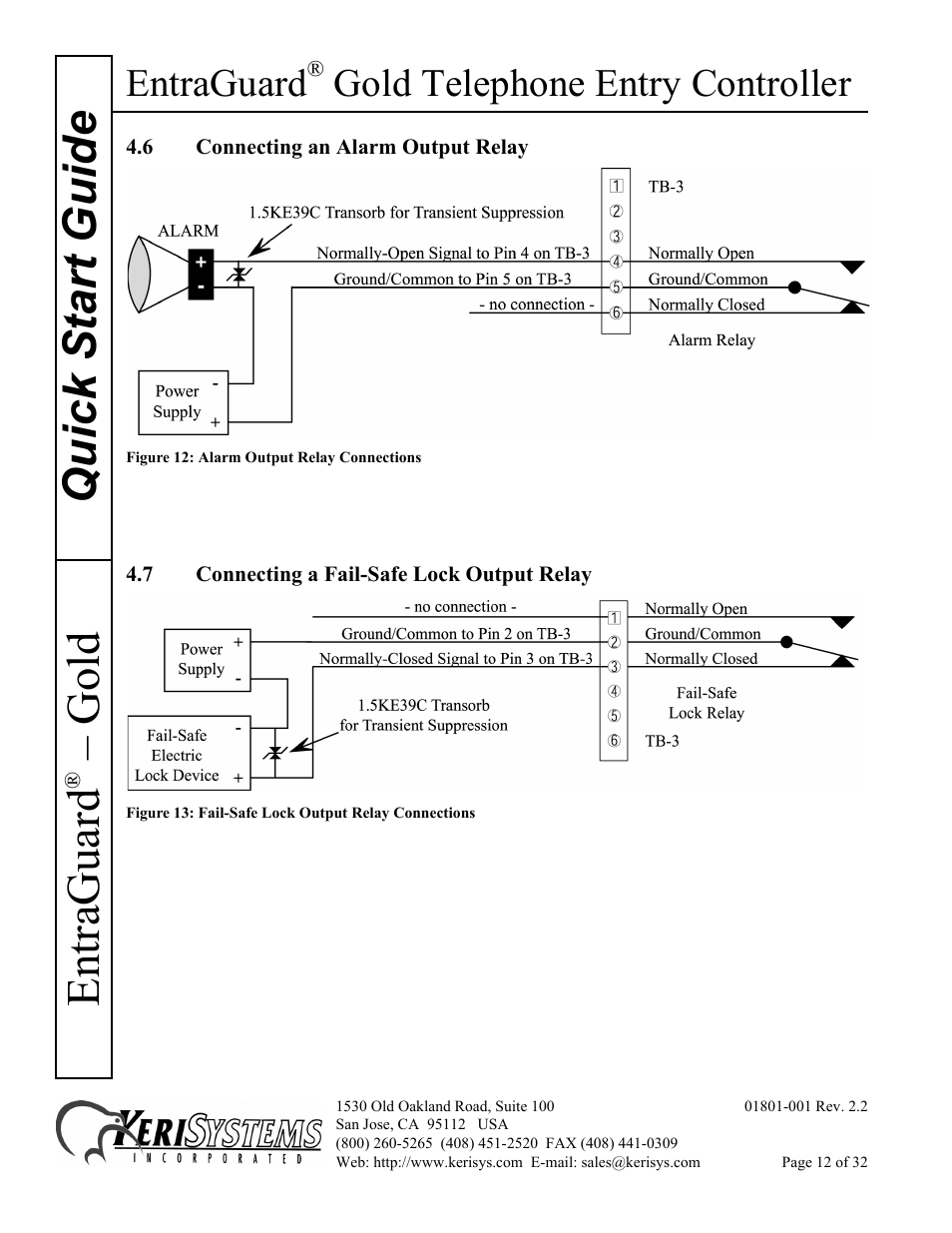 6 connecting an alarm output relay, 7 connecting a fail-safe lock output relay, Quick s tart guide entraguard | Gold, Entraguard, Gold telephone entry controller | Keri Systems EntraGuard Gold Quick Start User Manual | Page 12 / 32