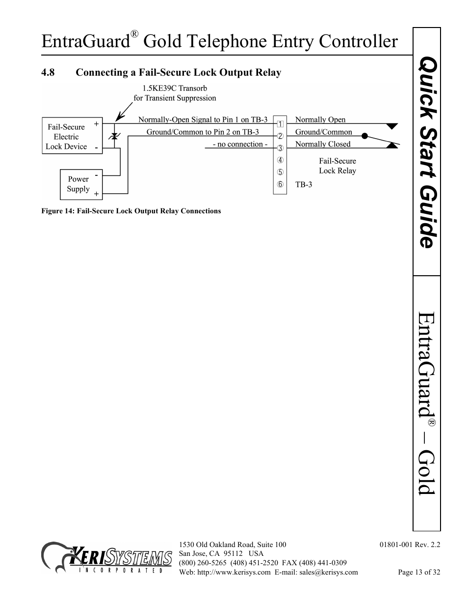 8 connecting a fail-secure lock output relay, Gold quick s tart guide, Entraguard | Gold telephone entry controller | Keri Systems EntraGuard Gold Quick Start User Manual | Page 13 / 32