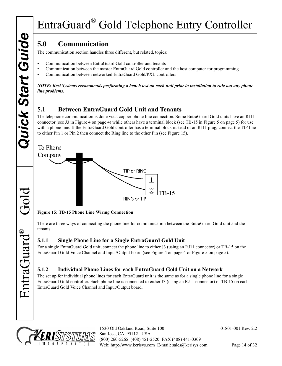 0 communication, 1 between entraguard gold unit and tenants, Quick s tart guide entraguard | Gold, Entraguard, Gold telephone entry controller | Keri Systems EntraGuard Gold Quick Start User Manual | Page 14 / 32